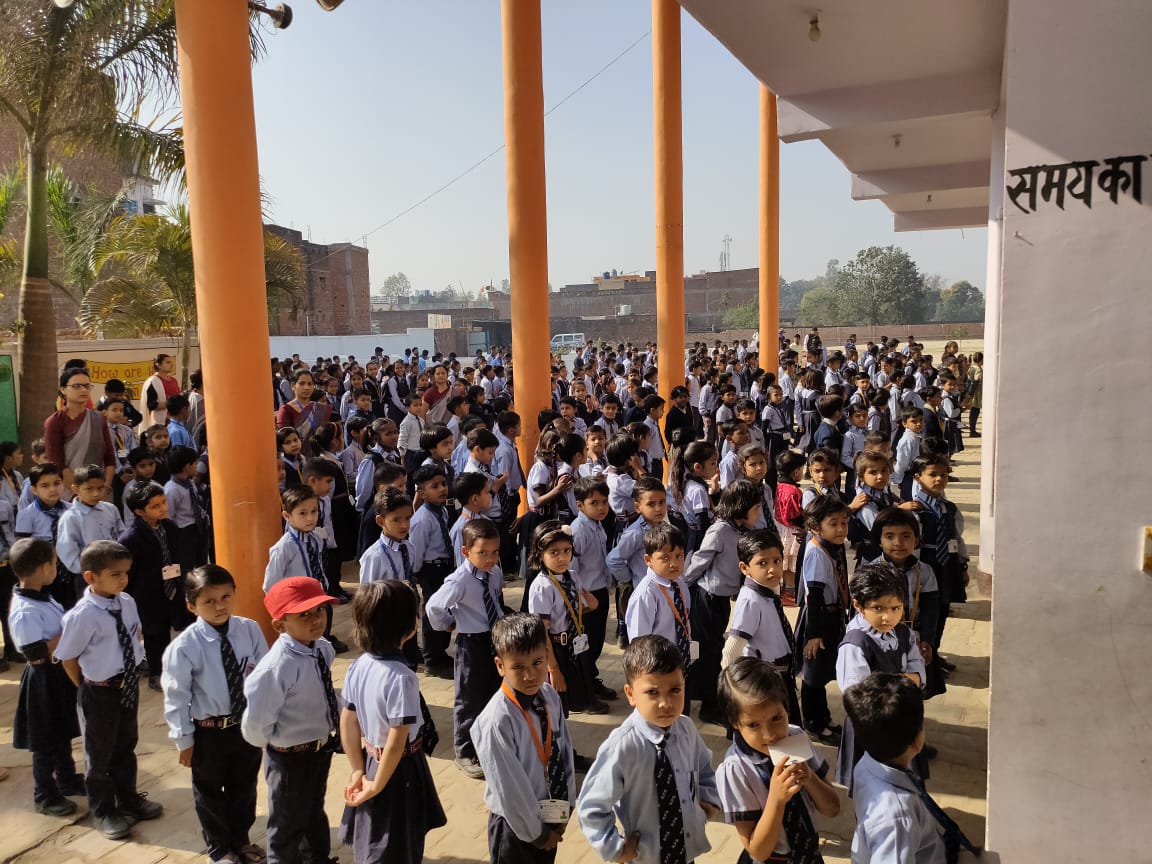 Students gathered for morning assembly at Nirmaan Public School